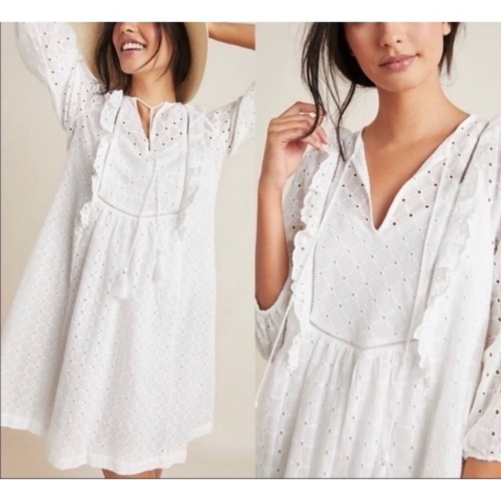 Anthropologie Thames White Eyelit Cotton Mini Dress Long Sleeve Size 2